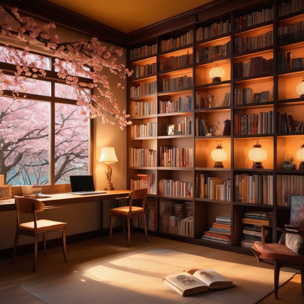 A captivating scene depicting an anime-inspired library filled with manga books, softly illuminated by warm golden light. In the foreground, a digital journal is open with swirling illustrations of sensual characters coming to life. The backdrop features elements of traditional Japanese culture, like cherry blossoms and lanterns. The mood is intimate and inviting, reflecting the essence of erotic storytelling. vibrant colors. super-realistic.