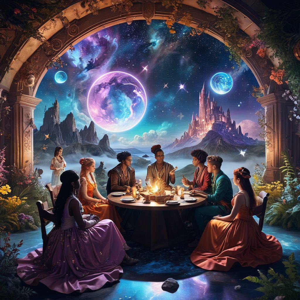 A whimsical collage depicting diverse fantasy subcultures engaged in storytelling, featuring characters in elaborate costumes surrounded by digital media elements like tablets and holograms. Ethereal landscapes and vibrant colors create a dream-like atmosphere, with hints of romance and allure woven through the scene. Soft lighting enhances the magical feel, inviting viewers to immerse in this imaginative world. super-realistic. vibrant colors. 3D.