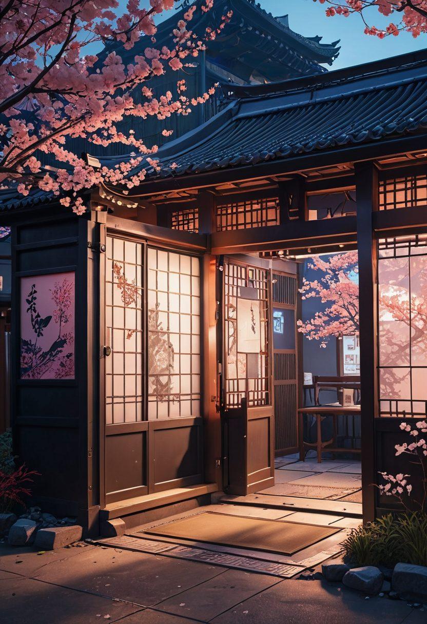 A vibrant depiction of a digital manga artist at work, surrounded by traditional Japanese elements such as cherry blossoms and a torii gate. The scene transitions from delicate, hand-drawn pages to vibrant digital screens showcasing erotic narratives. Incorporate a fusion of contemporary anime style with classic Japanese aesthetics. Use rich colors and dynamic lighting to enhance the immersive experience. cyberpunk style. vibrant colors. 3D.